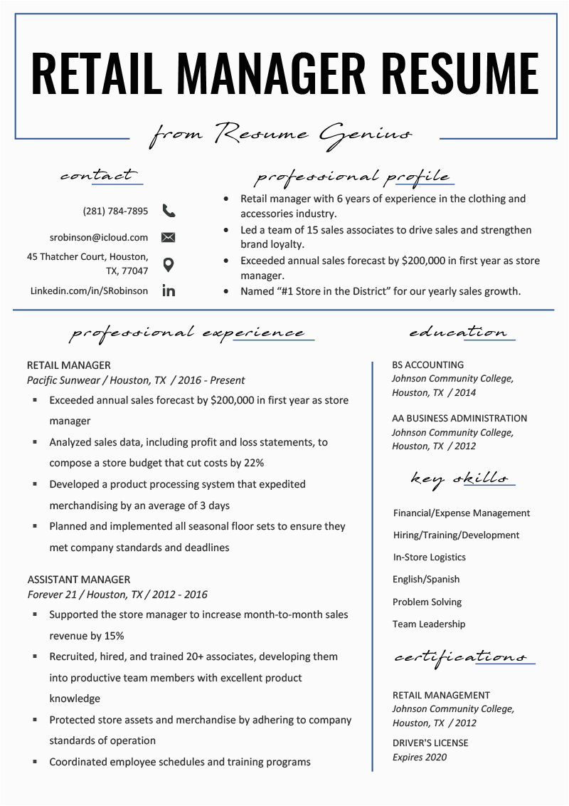 retail manager resume example
