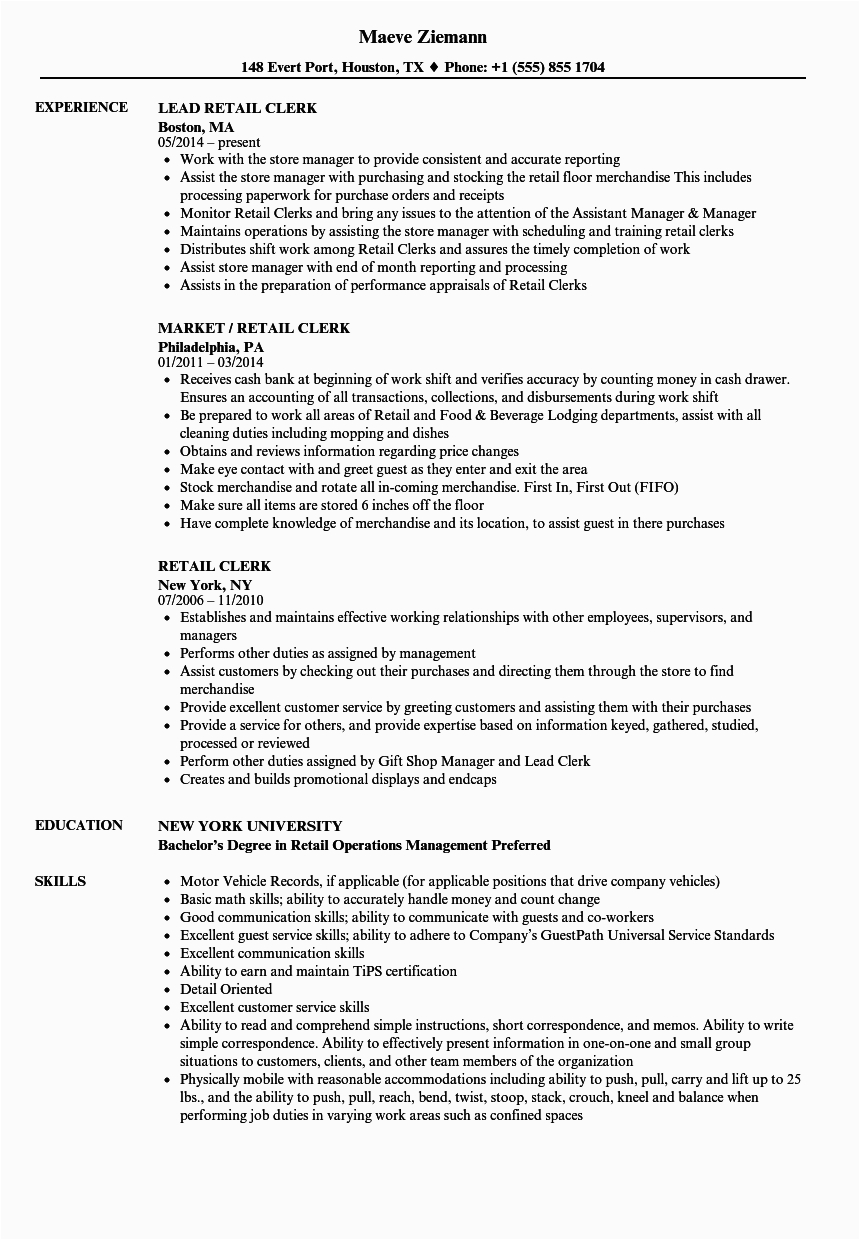 retail clerk resume sample