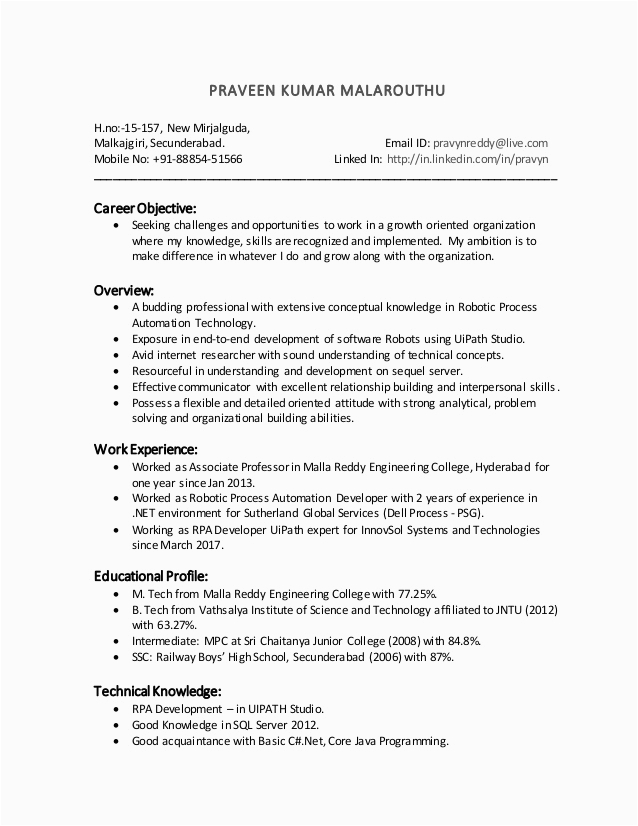 rpa developer resume