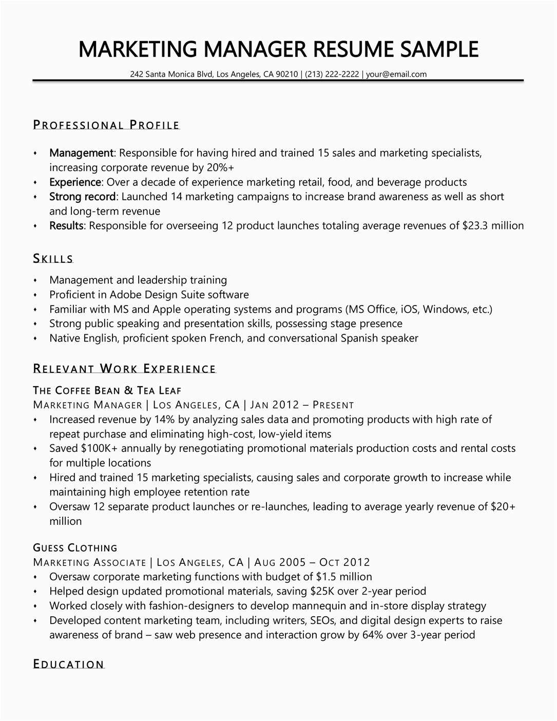Sample Resume for Sales and Marketing Manager Marketing Manager Resume Sample