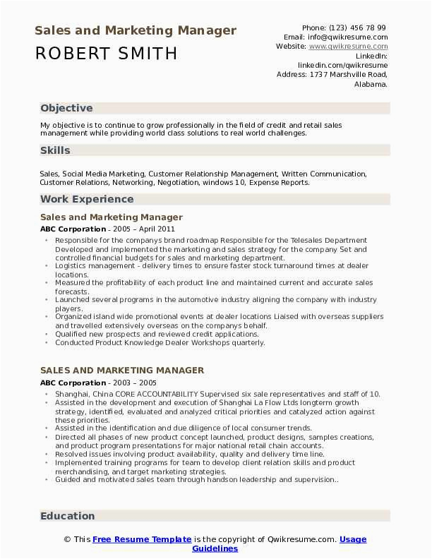 Sample Resume for Sales and Marketing Manager Sales and Marketing Manager Resume Samples