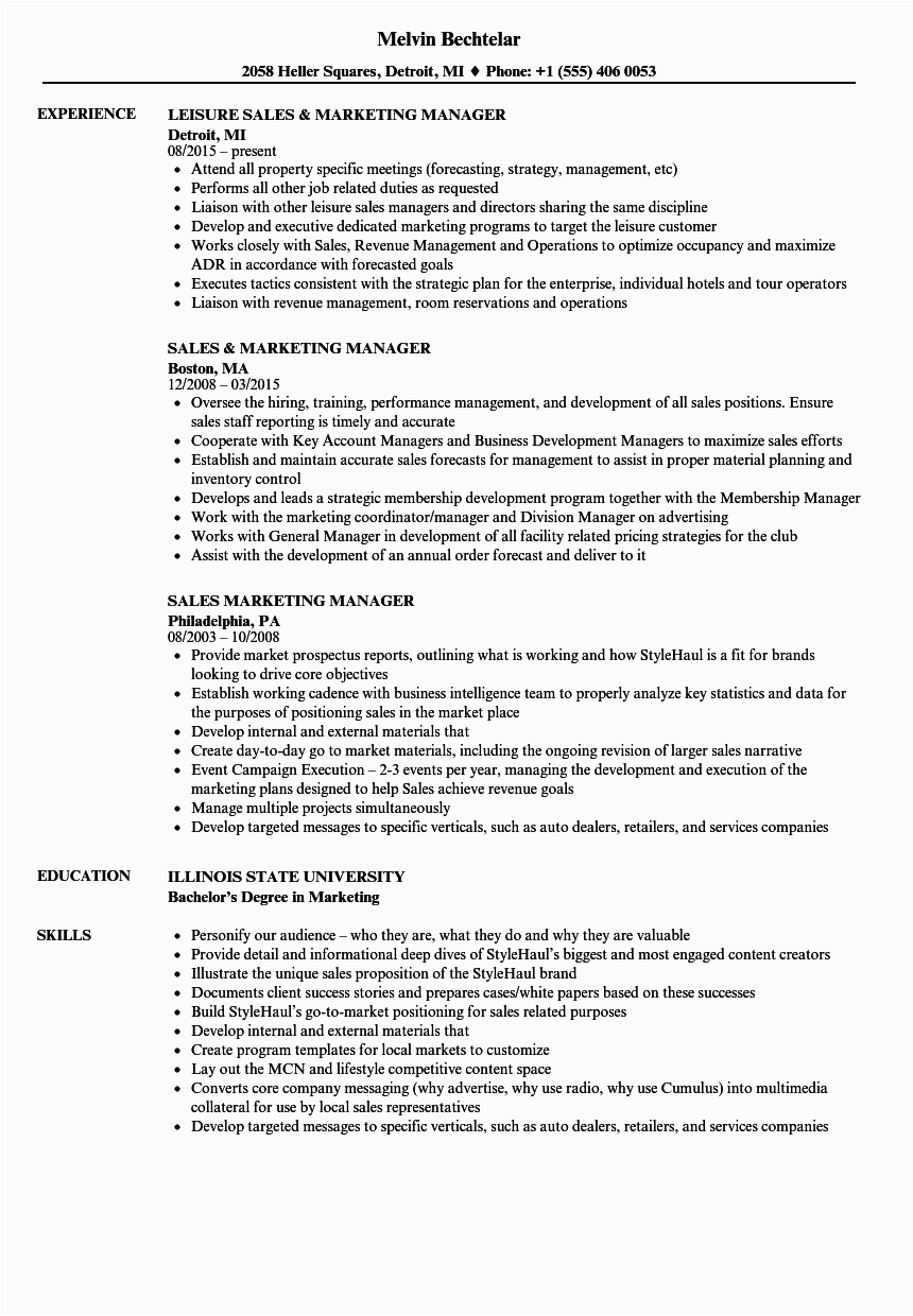 Sample Resume for Sales and Marketing Manager Sample Cv Sales and Marketing Manager Sales Manager Cv