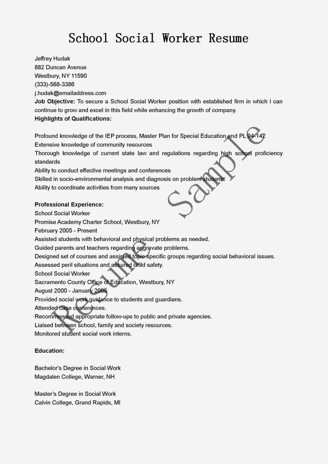 school social worker resume sample