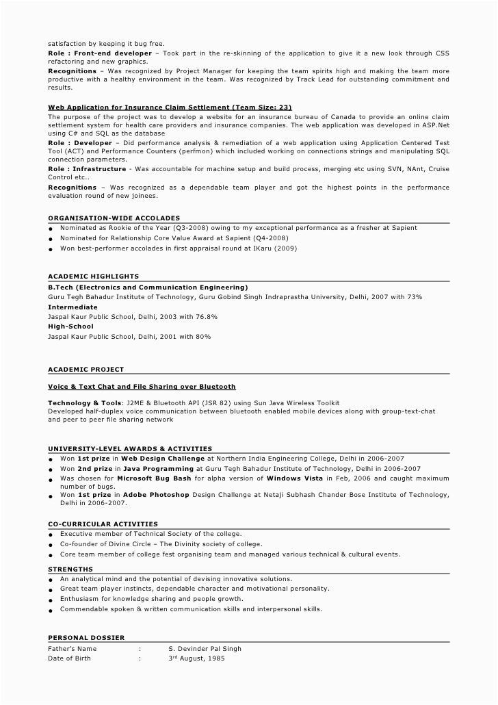 sample resume format for 2 years