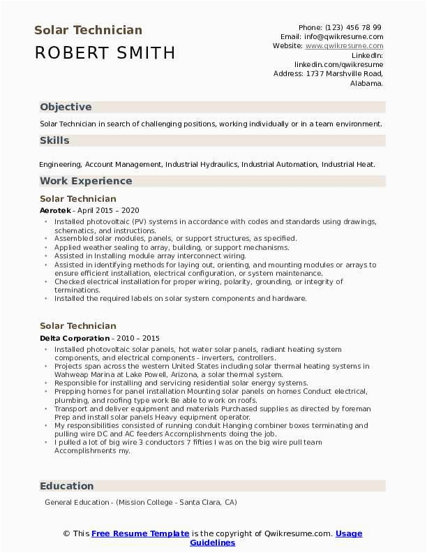 Sample Resume for solar Engineer Pdf solar Technician Resume Samples