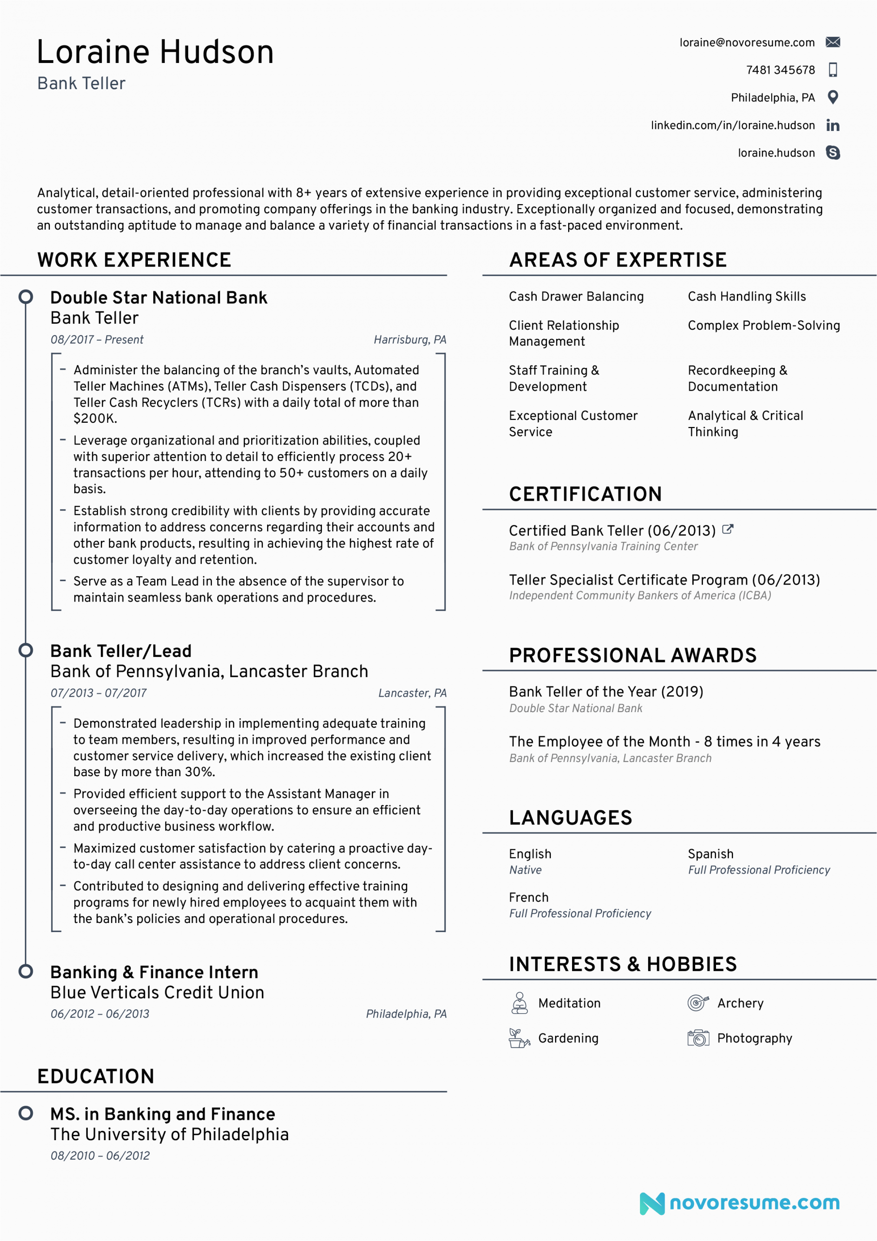 bank teller resume