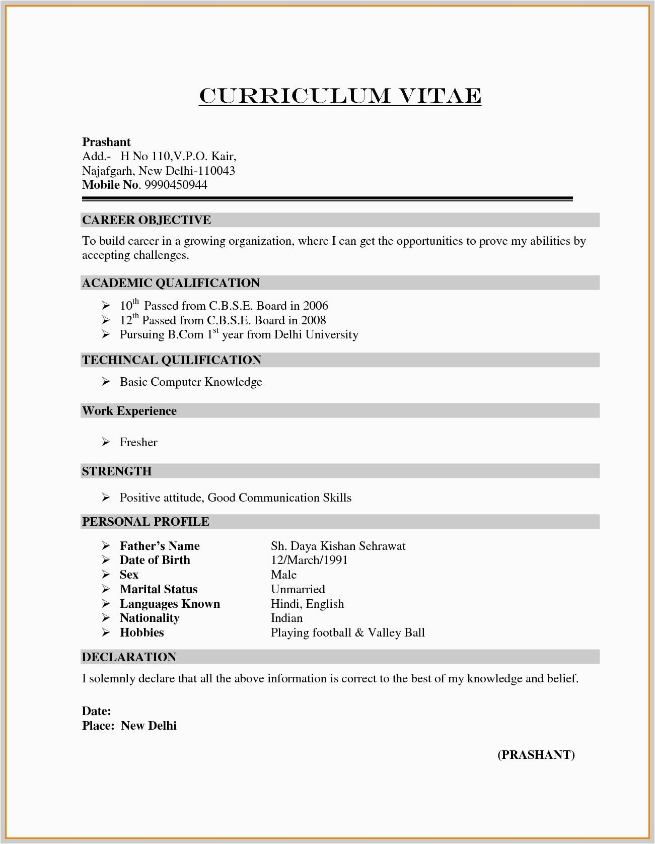 resume format for freshers b