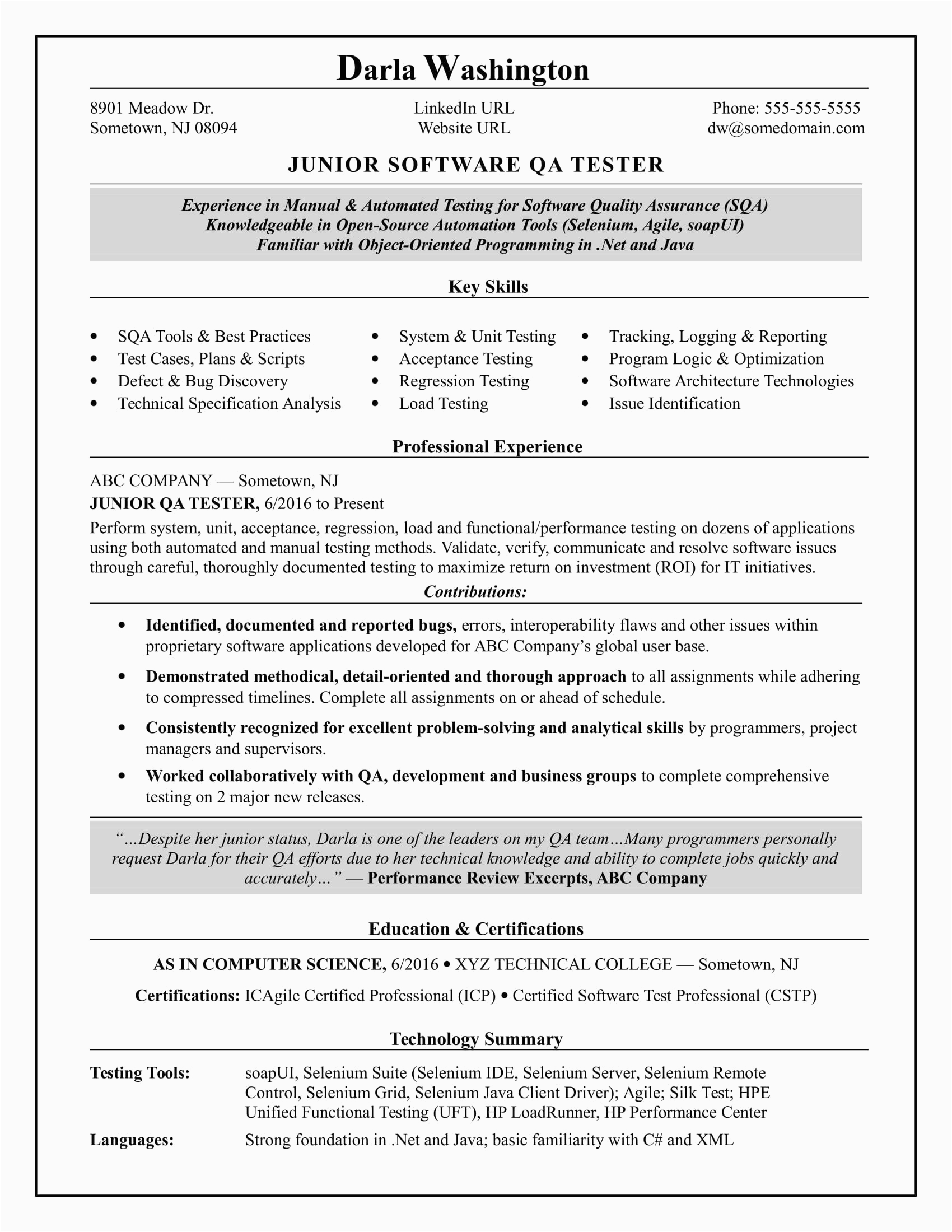sample resume qa software tester entry level