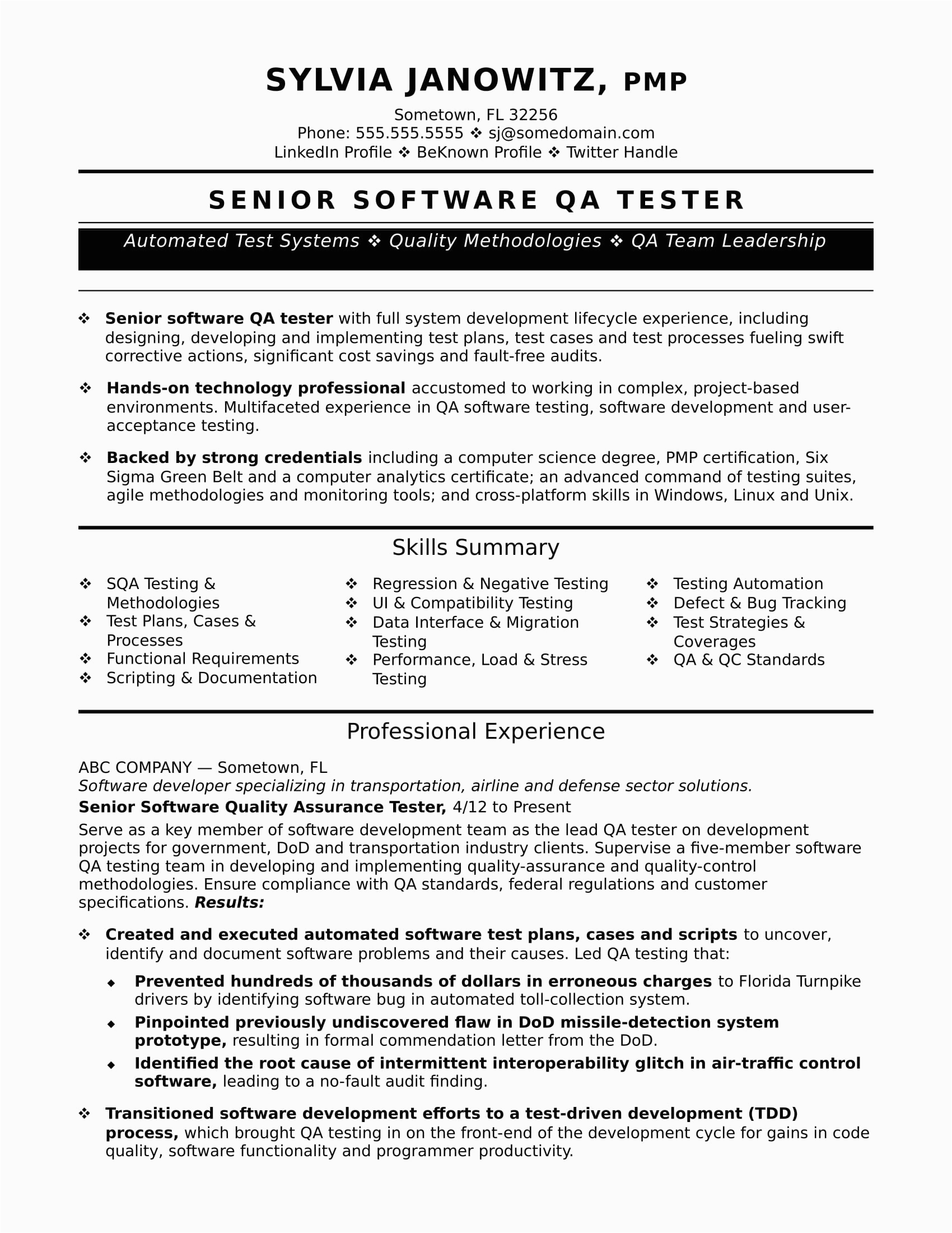 Sample Resume Of A software Tester Experienced Qa software Tester Resume Sample