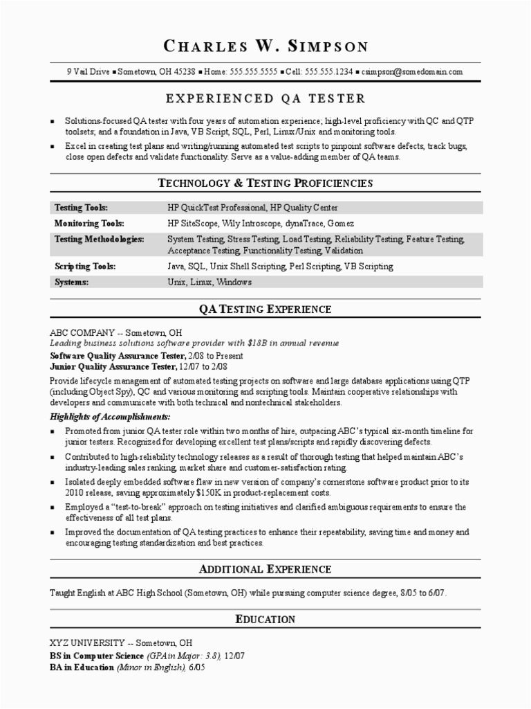 Sample Resume QA Software Tester Midlevel