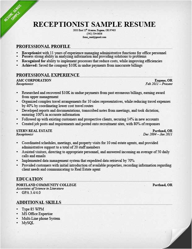 receptionist resume example