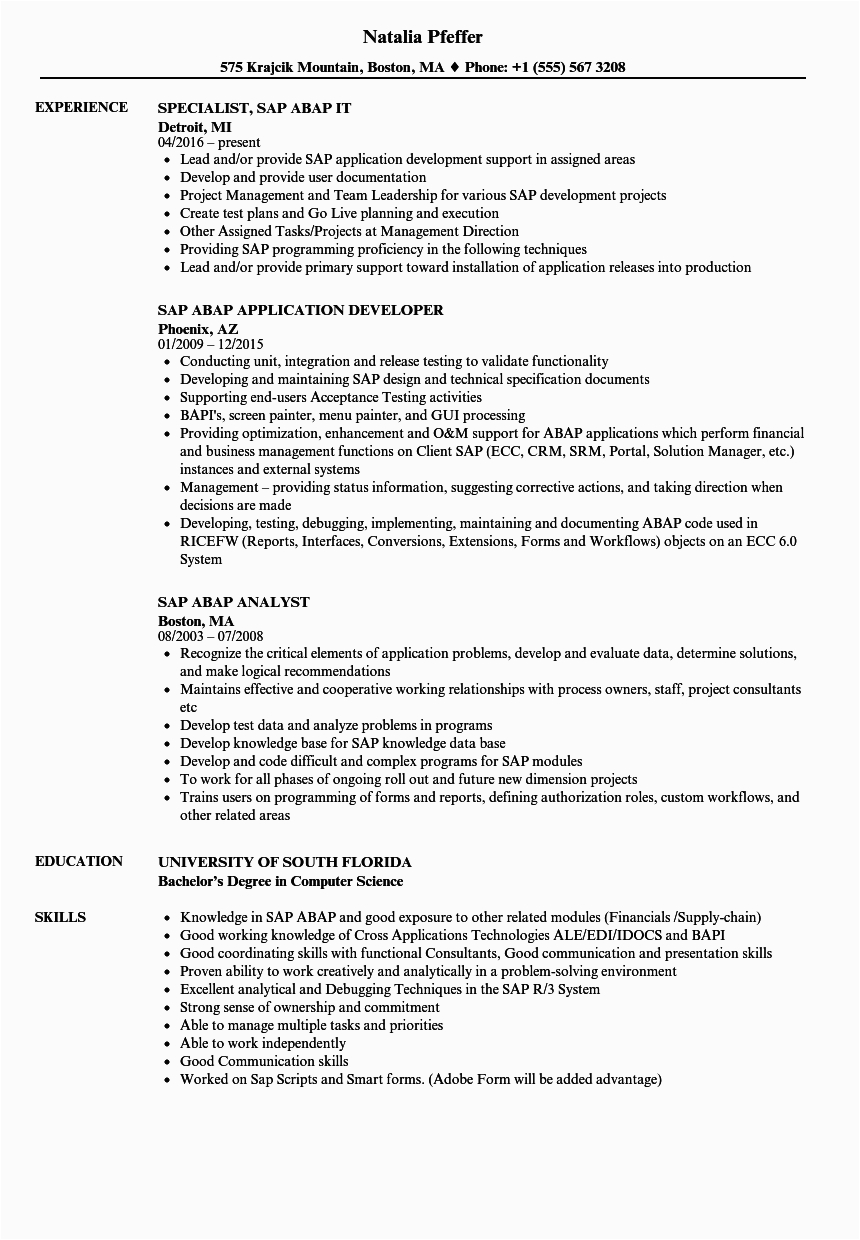 sap abap resume sample