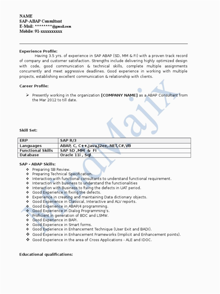 SAP ABAP Sample Resume