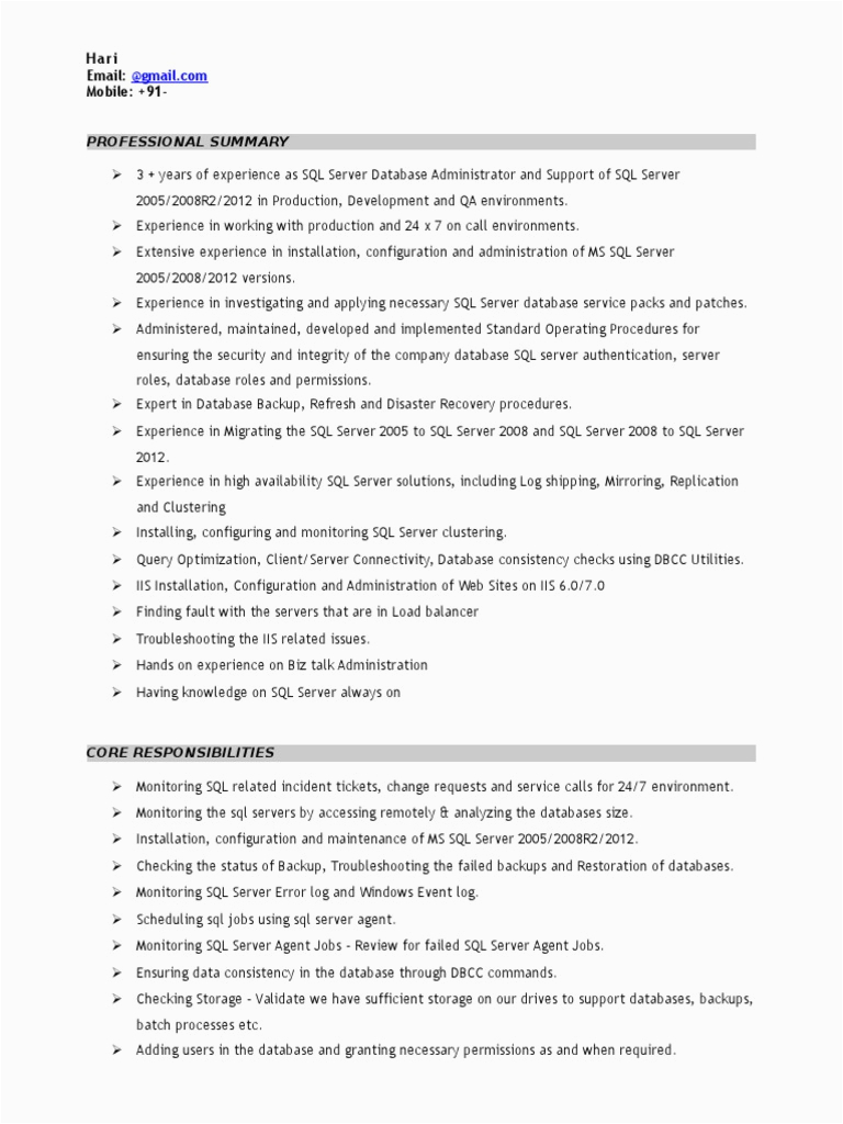 Sample SQL DBA Resume
