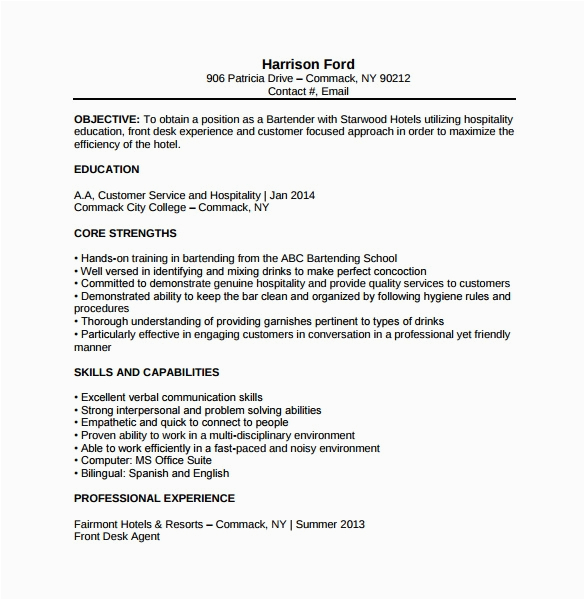 Bartending Resume Samples with No Experience Free 8 Sample Bartender Resume Templates In Pdf