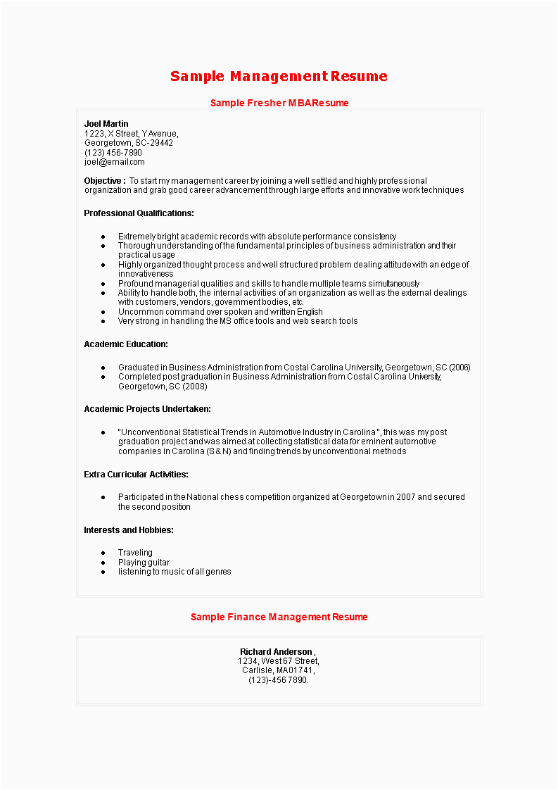 Best Resume Samples for Mba Freshers Best Mba Fresher Resume Sample