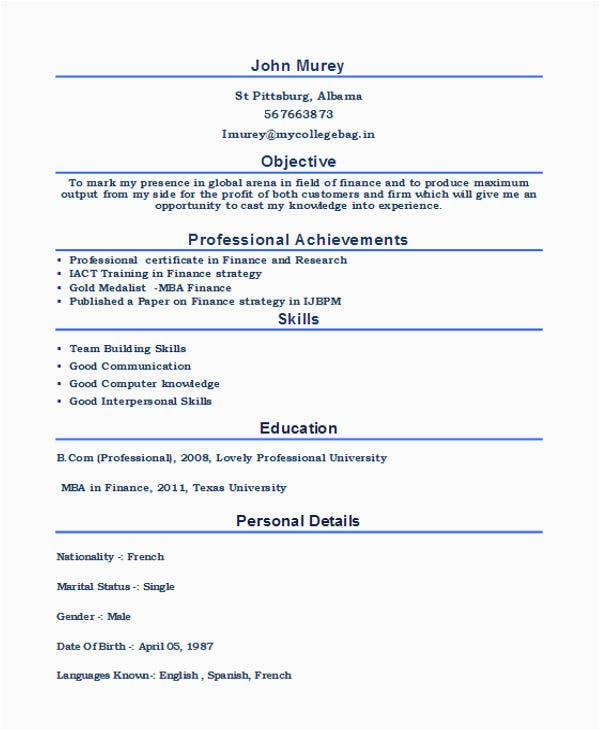 resume of mba fresher