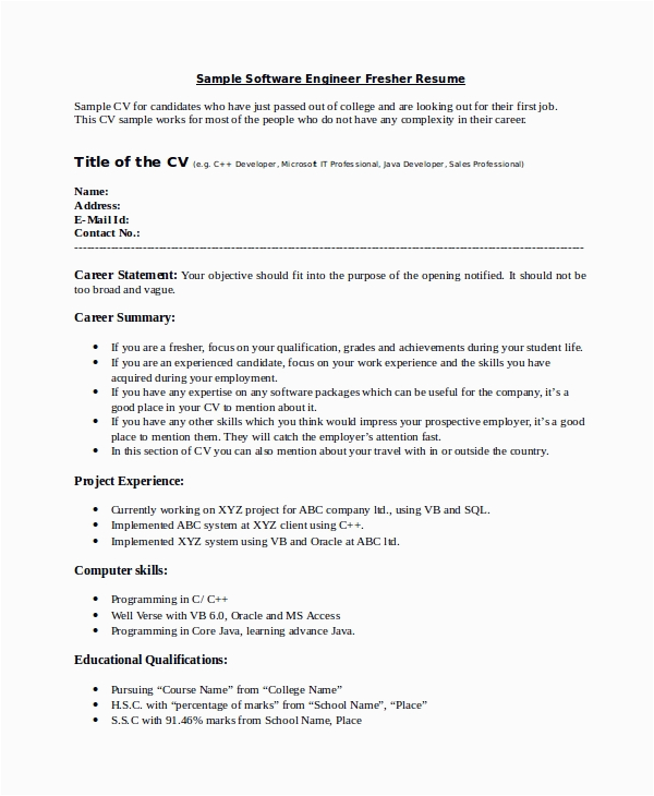 Download Sample Resume for Fresher software Engineer Free 13 Sample software Engineer Resume Templates In Ms