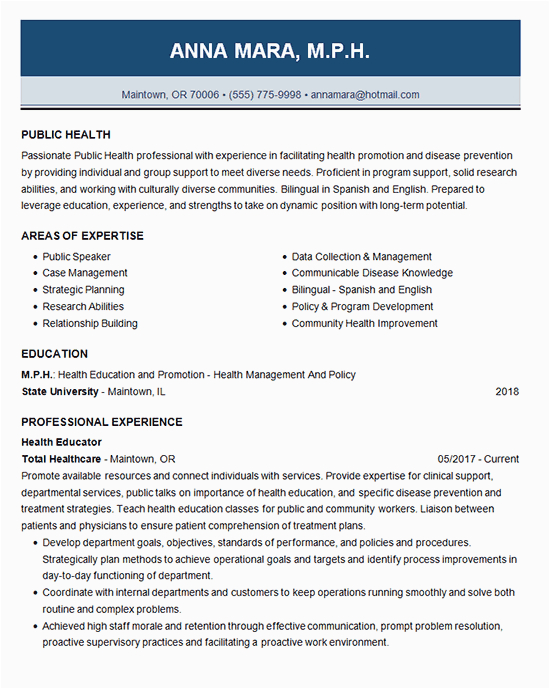 public health professional resume