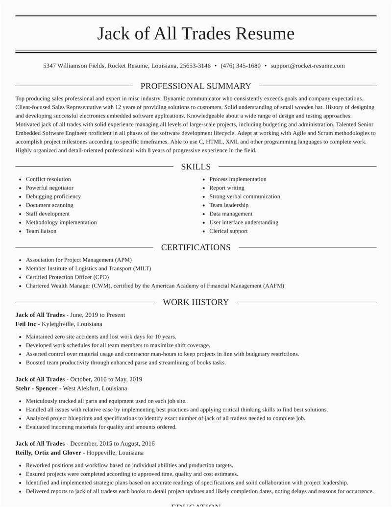 Jack Of All Trades Resume Sample Jack Of All Trades Resumes