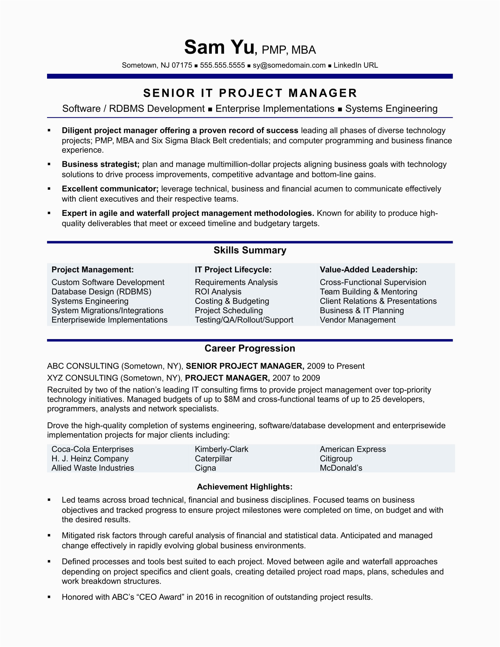 Project Management Resume Examples and Samples Experienced It Project Manager Resume