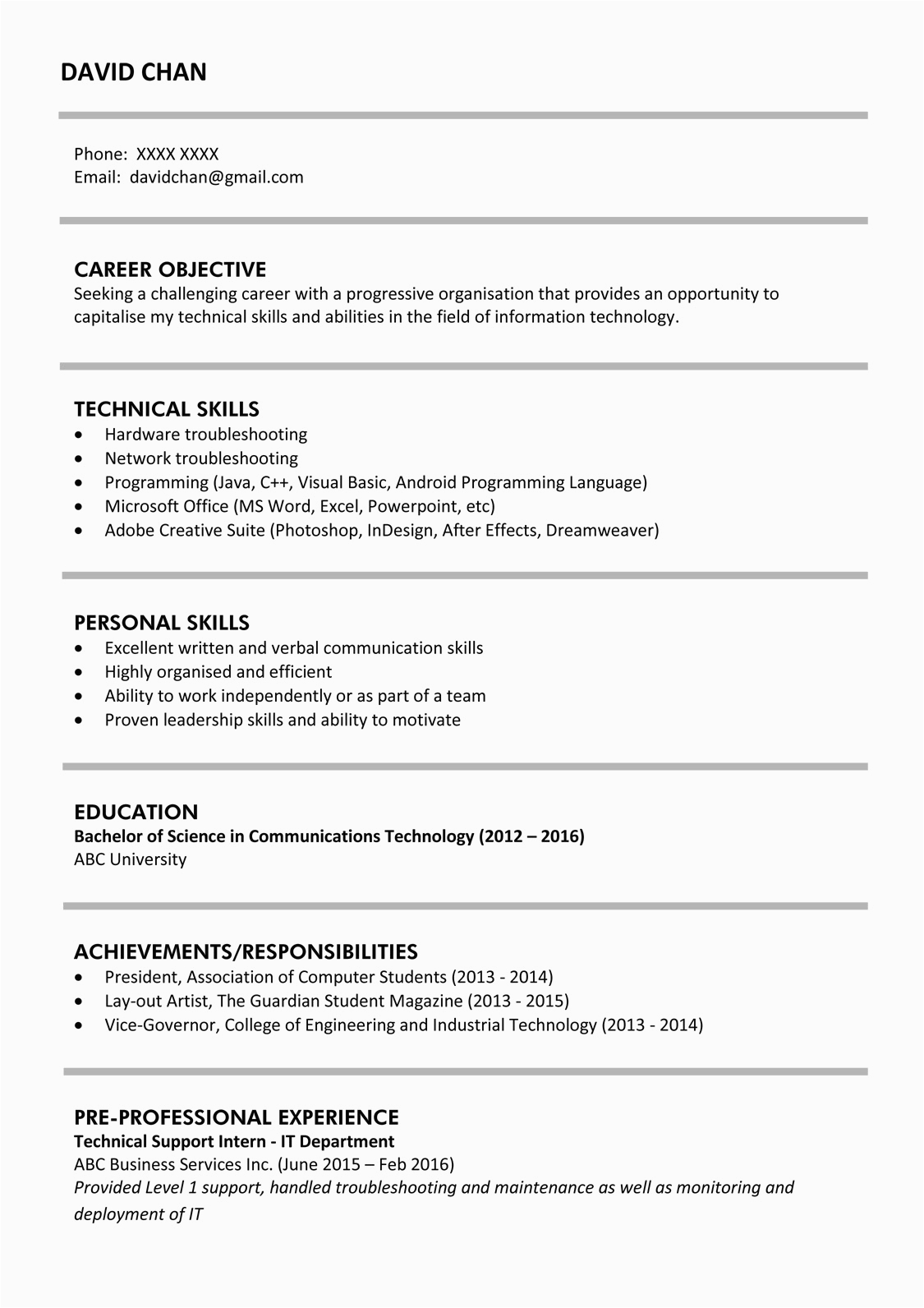 resume example for fresh graduate without experience