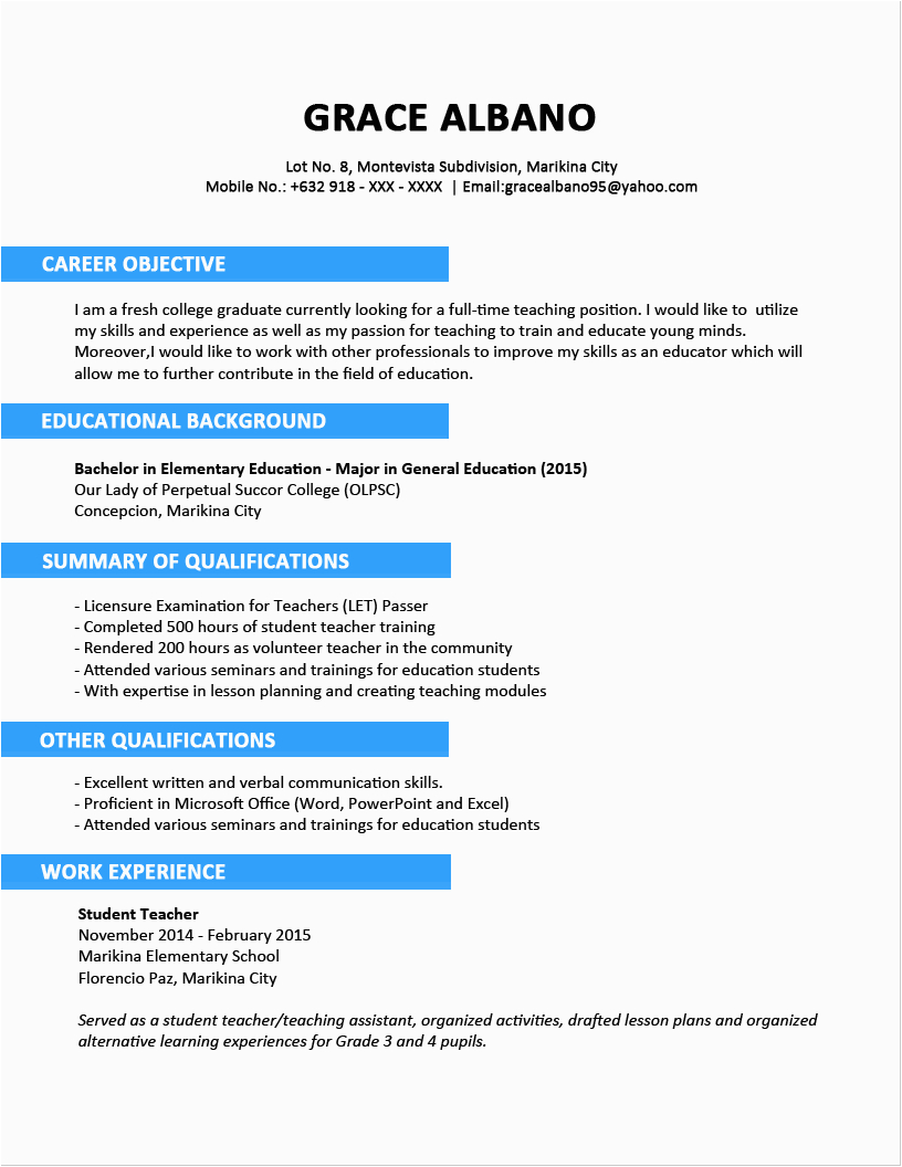 Resume Sample Fresh Graduate without Experience Sample Resume format for Fresh Graduates Two Page format
