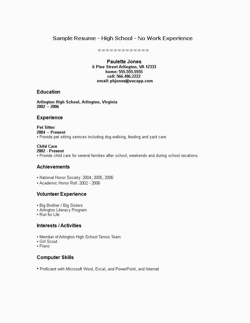 Resume Sample with No Experience High School Sample Resume for High School Student with No Experience