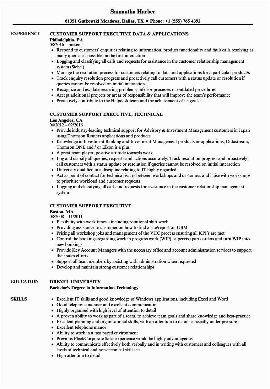 customer support executive resume sample