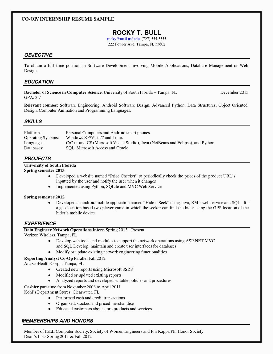 co op and internship resume sample