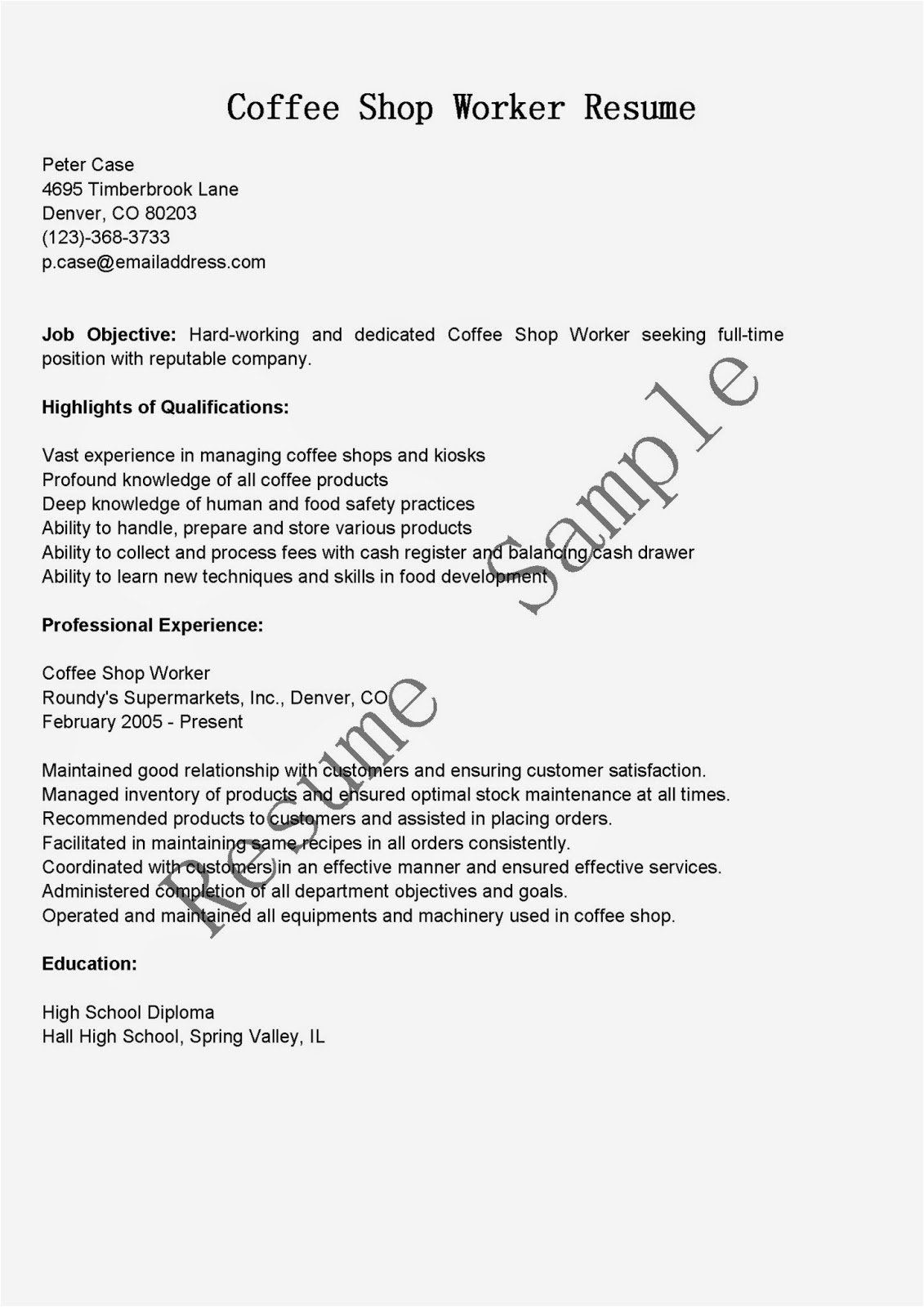 coffee shop worker resume sample