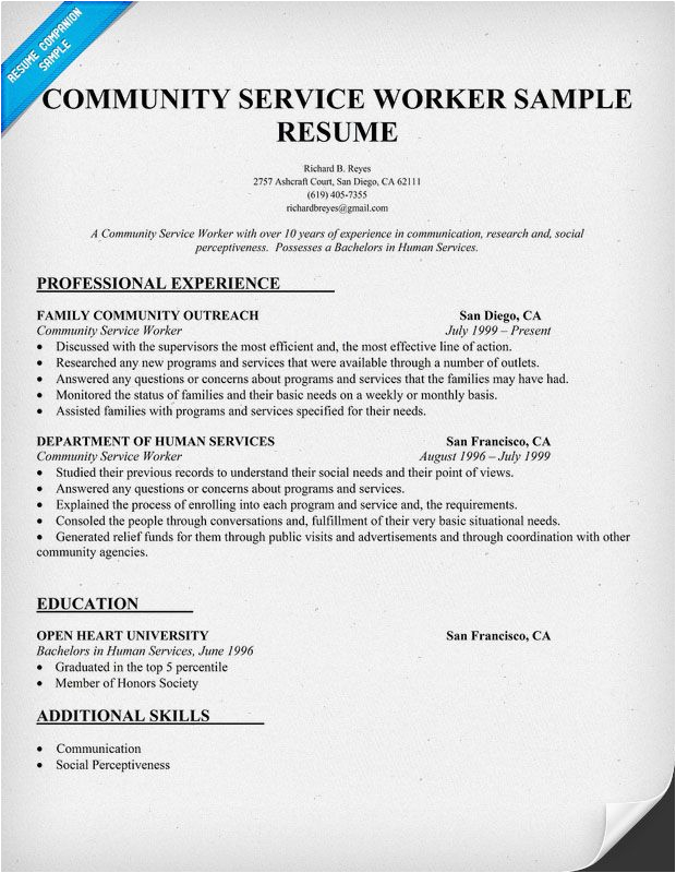 Sample Resume for Community Service Worker Munity Service Worker Resume Sample