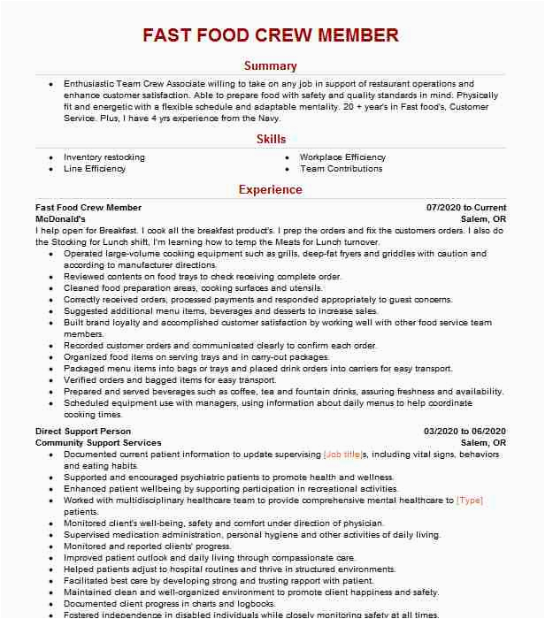 Sample Resume for Fast Food Service Crew Fast Food Crew Member Resume Example Mcdonald S West