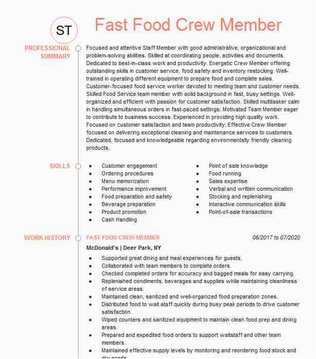 Sample Resume for Fast Food Service Crew Fast Food Crew Trainer Manager Resume Example Dairy Queen