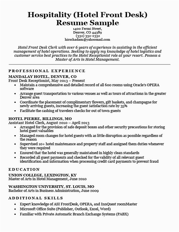 hotel front desk resume sample