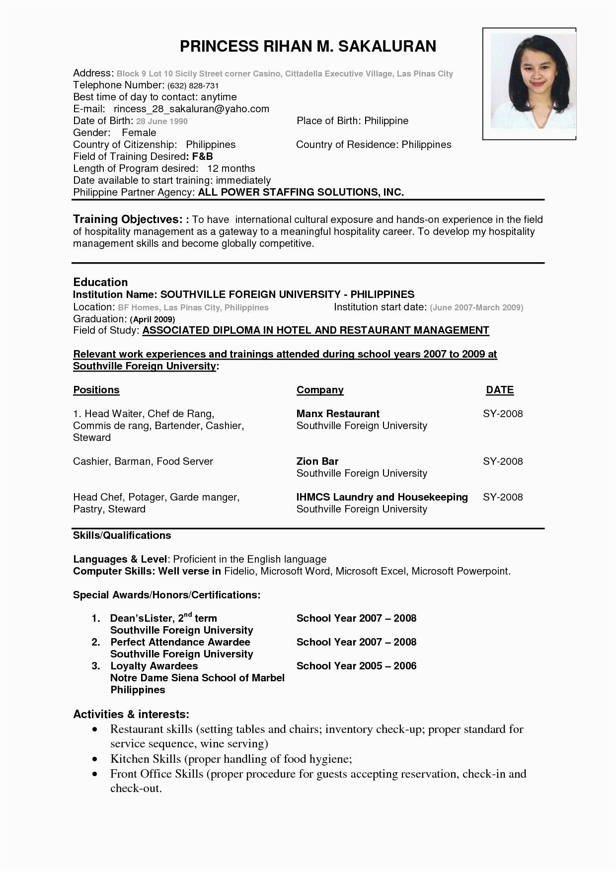 resume format in word for hotel