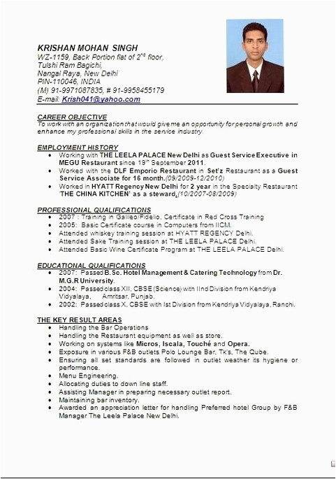 hotel management resume format