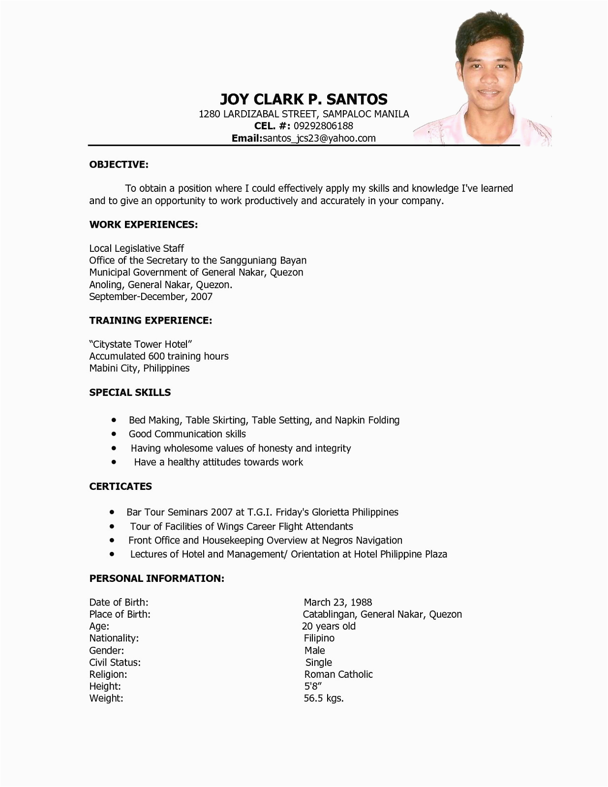 hotel management resume format