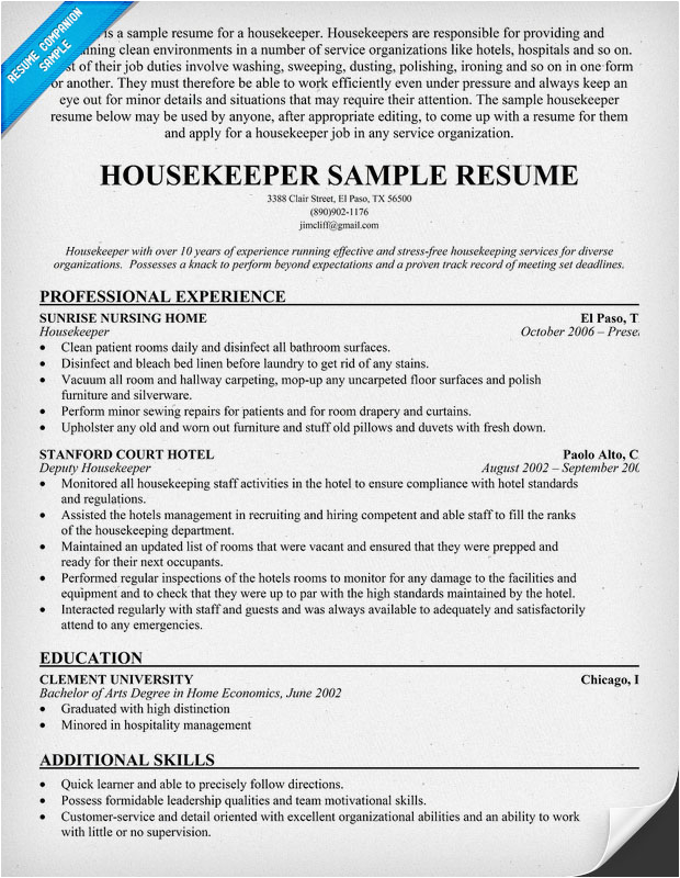 hotel housekeeper resume