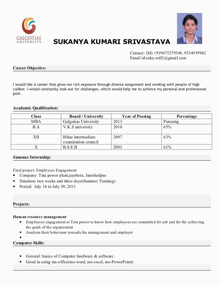 Sample Resume for Mba Freshers Pdf Free Download Mba Fresher Resume format