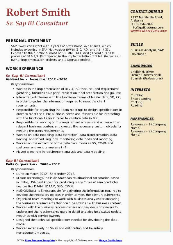 Sample Resume for Sap Bi Consultant Sap Bi Consultant Resume Samples