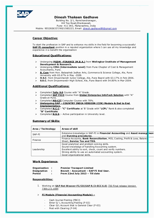 1558 sap fresher resume sample