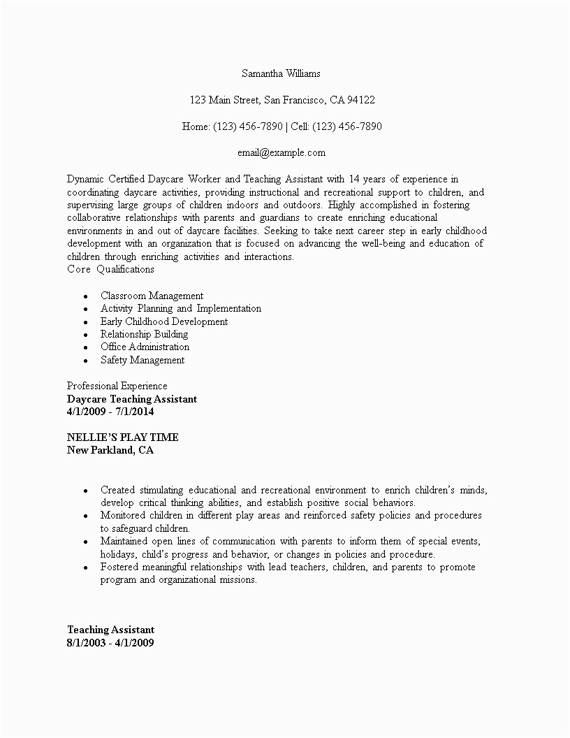 certified daycare teacher assistant resume template