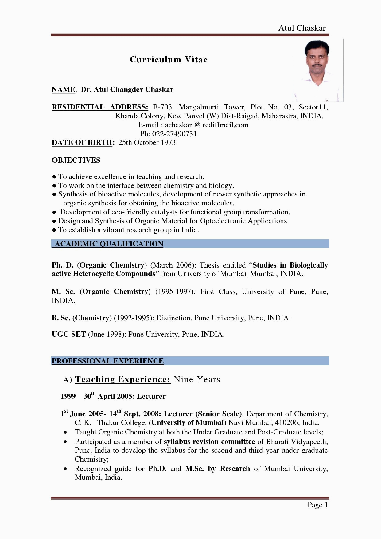 indian resume format pdf