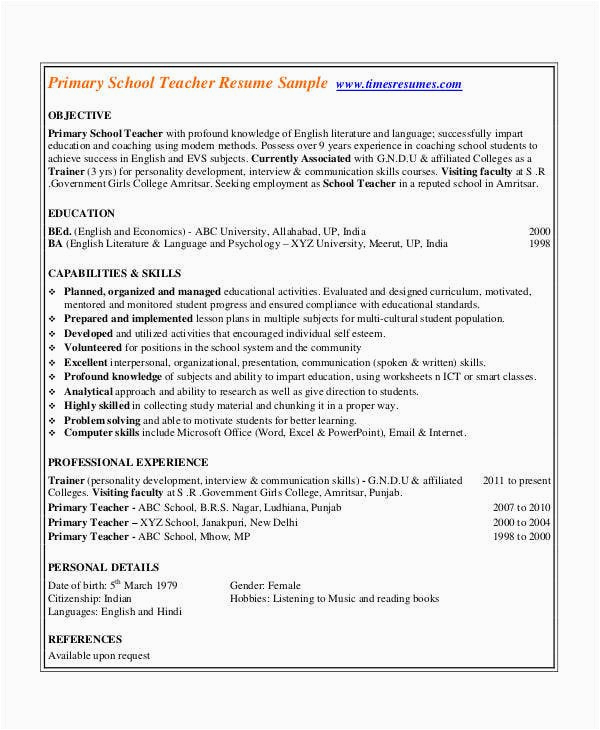 resume for teachers in indian format