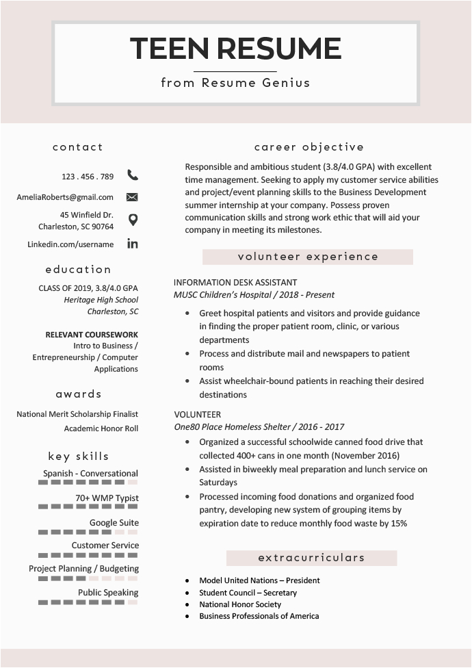 resume examples for teens