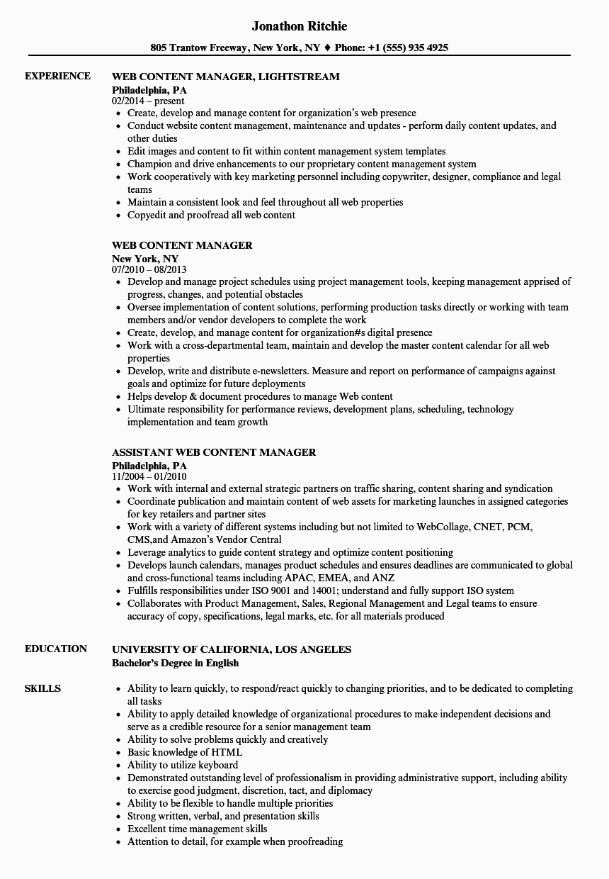 web content manager resume sample