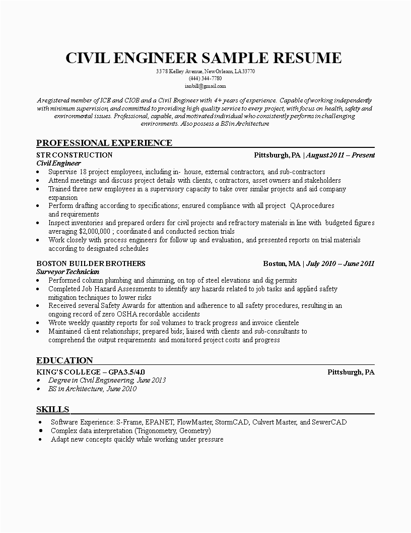 civil engineering student resume template