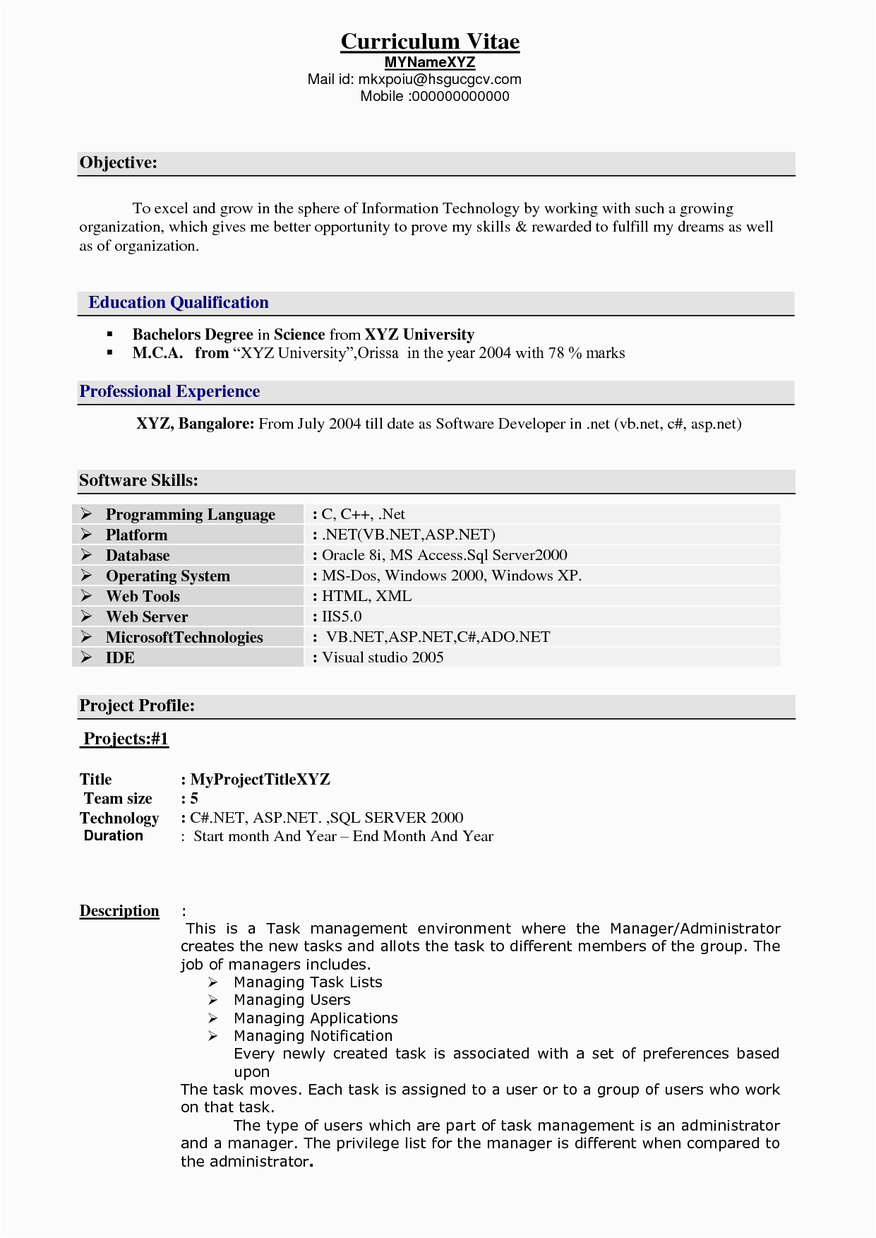 experience resume format for xml developer