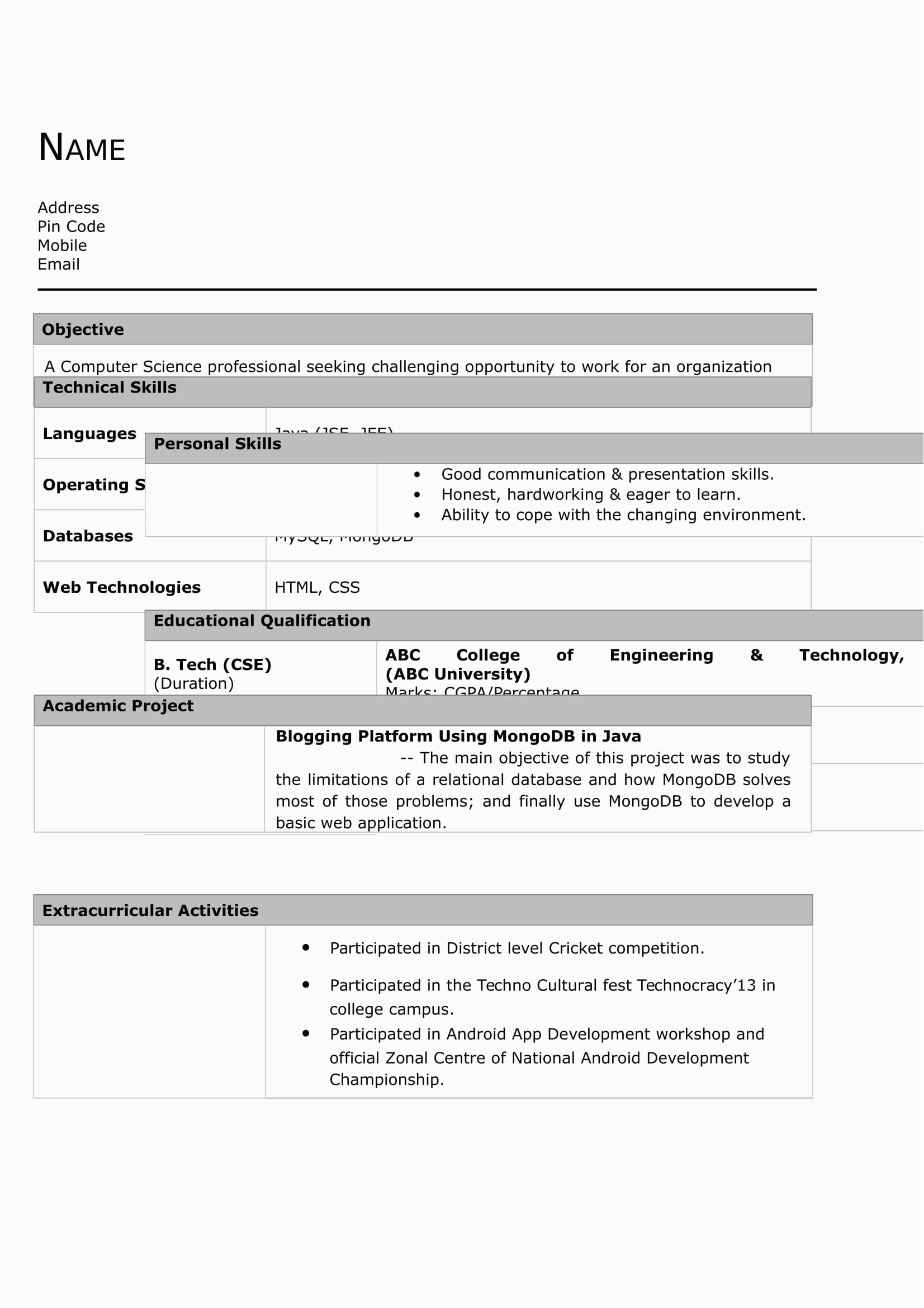 Sample Resume format for Freshers Free Download 32 Resume Templates for Freshers Download Free Word format